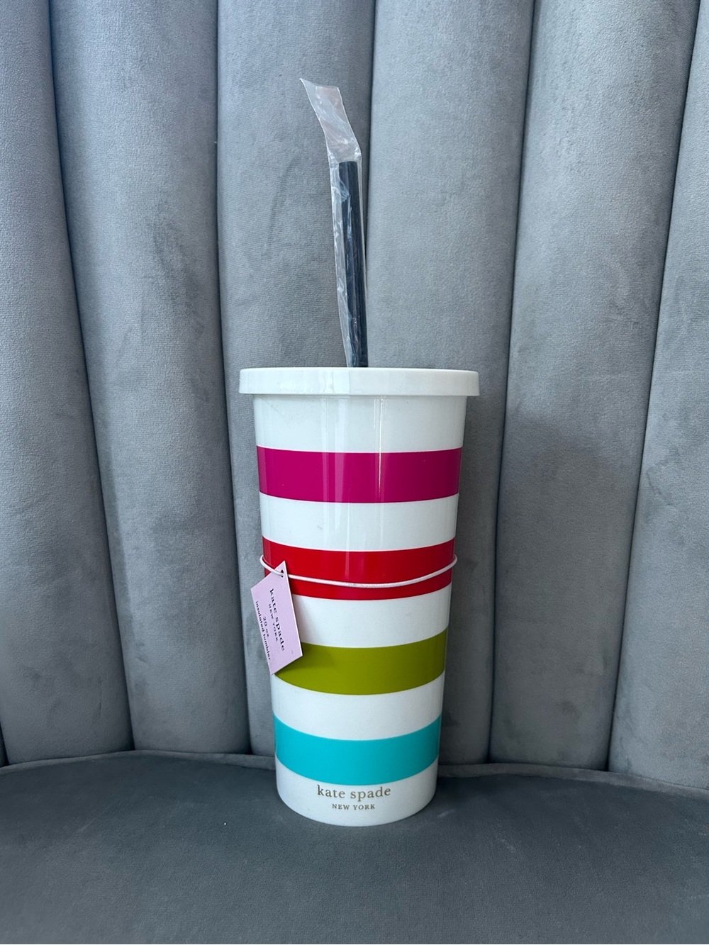 kate spade Striped Travel Tumbler in Pink, Red, Green, Turquoise, White